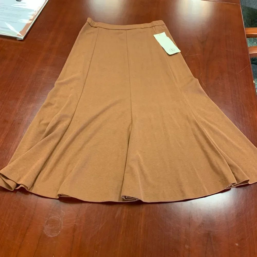 Vintage Marie St. Moritz Brown Jersey Flair Midi Skirt sz S NWT